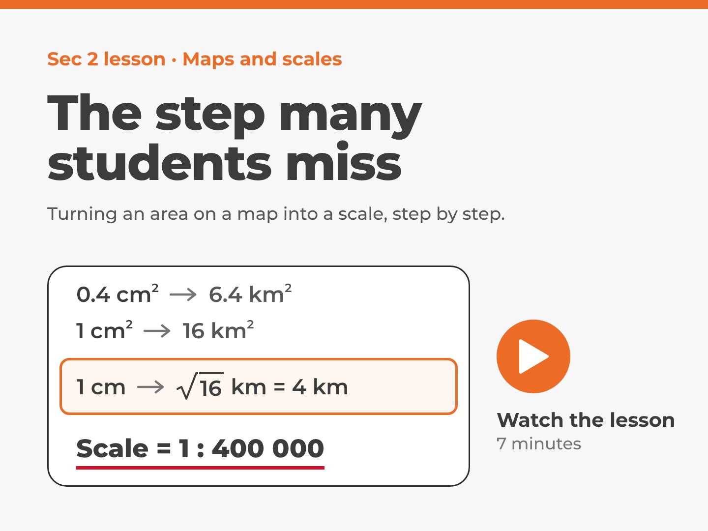 Sec 2 maps and scales lesson: finding a map scale from an area, 1 cm stands for the square root of 16 km, so the scale is 1 : 400 000